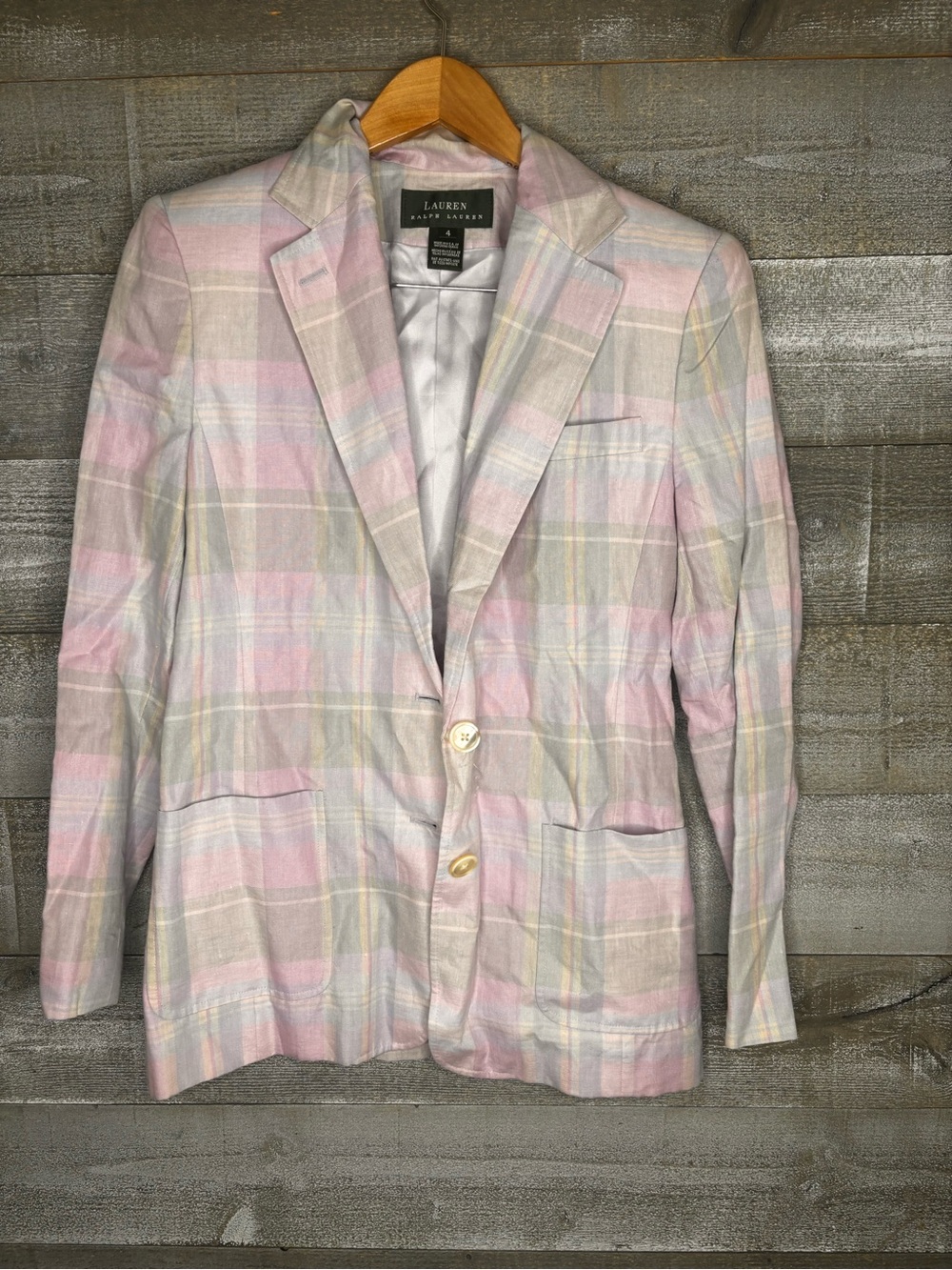 Ralph Lauren Pastel Plaid 100% Linen Blend Blazer in Pink, Cream & Light Blue